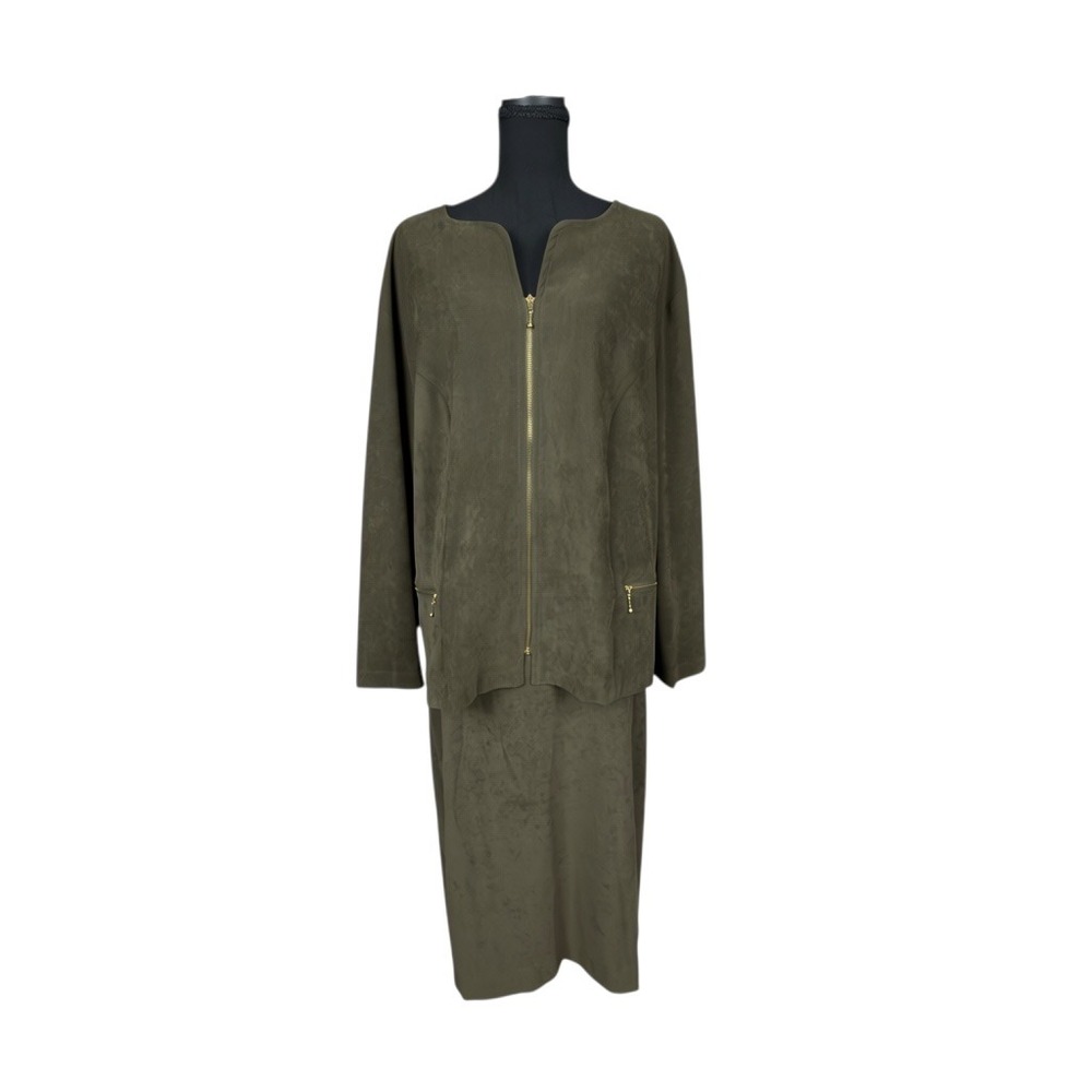 Giorgio Fiorlini Skirt Suit Plus 22 Olive Green Faux Suede Zip Jacket Midi NWT